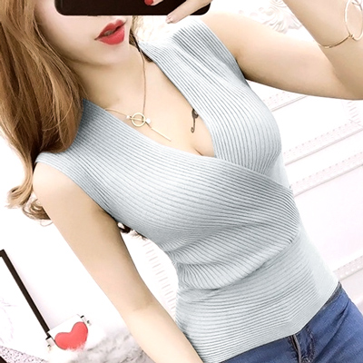 ストベリ セクシー ノースリーブ ニット Vネック ブルーグレー