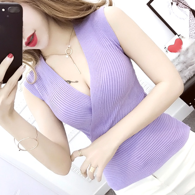 セクシー ノースリーブ ニット パープル